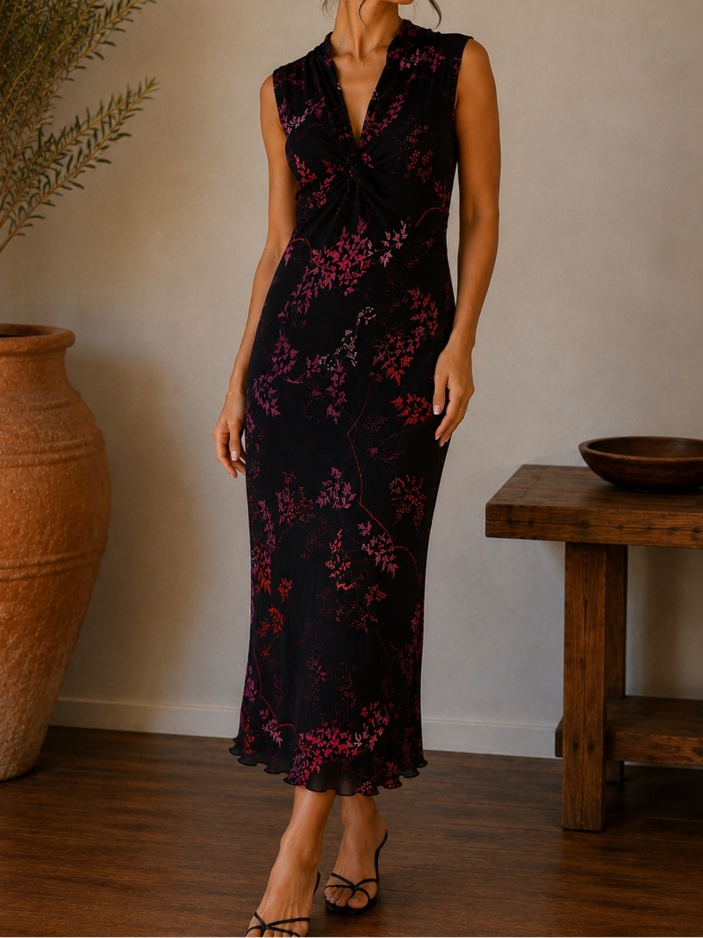 ECI New York Black Floral Twist Midi Dress - SIZE 6 - MEDIUM